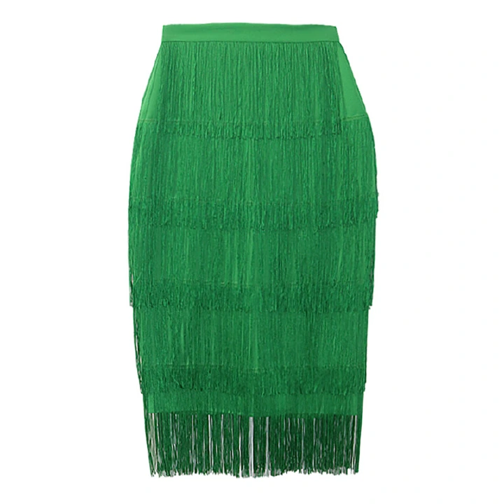 Green Fringe Bodycon Pencil Skirts Tassel High Waist Women Stretch Sheath Midi Length Ladies Slim Jupe Saias faldas Big Size