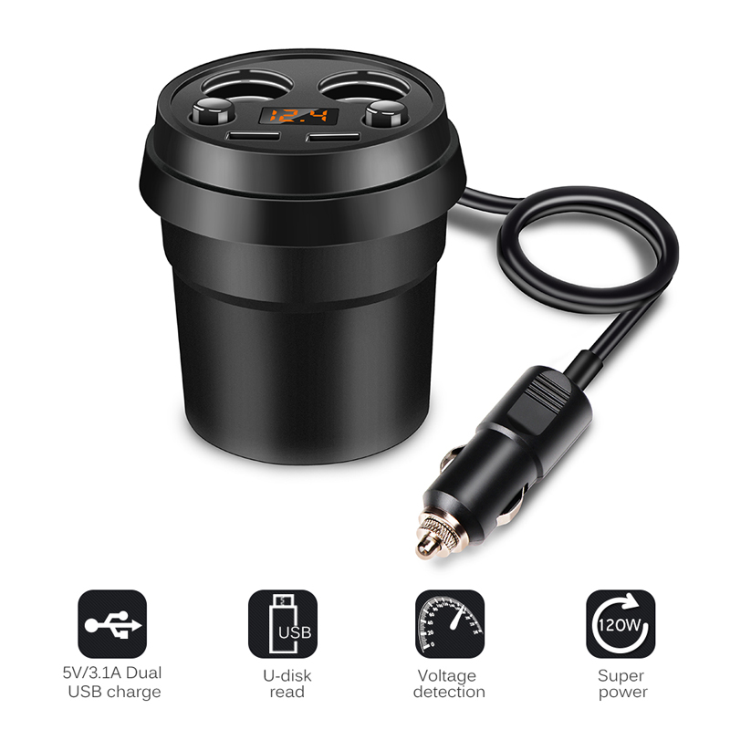 Cup Car Charger Multi-function Display Voltage  2 USB Car-charger  Cigarette Lighter Splitter