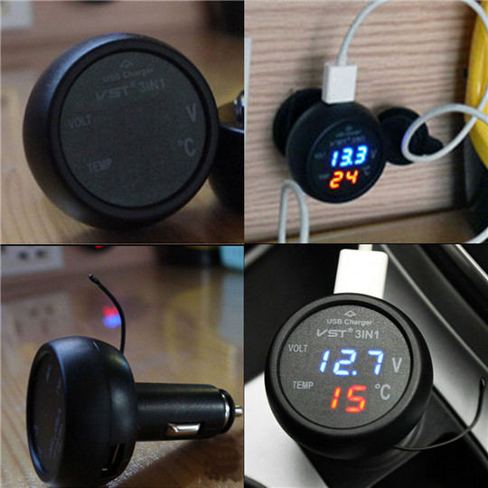 Car USB Charger Thermometer Voltage Meter Monitor Cigarette Lighter  Charger for Phone