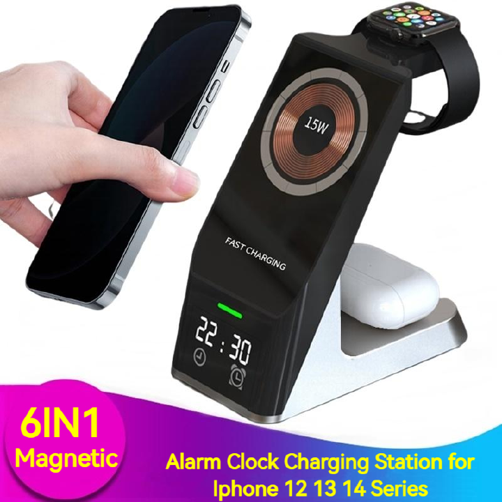 6IN1 Magnetic 15W Qi Wireless Charger for Iphone 12 13 14 Pro Max Alarm Clock Apple Watch Airpods Pro Mag Safe Chargers Macsafe