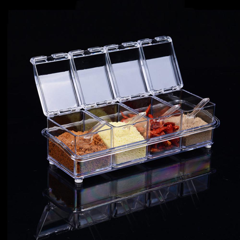Transparent Seasoning Jar With Spoon Spice Pots Sugar Salt Storage Box Mutifunction Sealed Can Set Household Kitchen Supplies