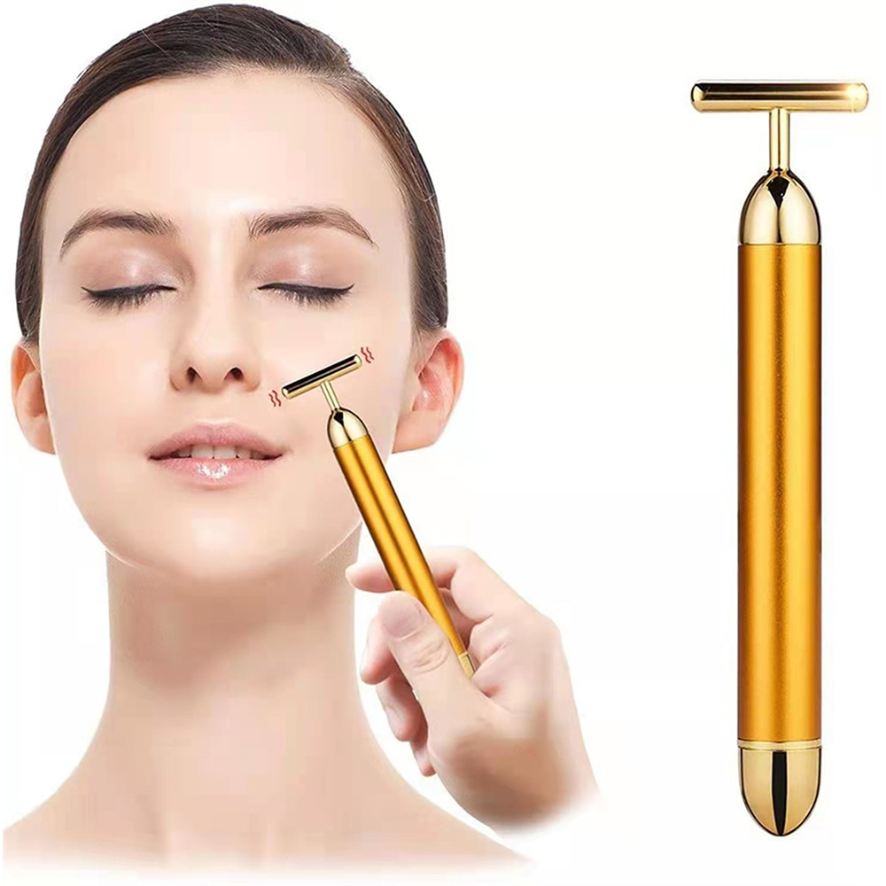24K Gold Electric Facial Roller Beauty Bar Vibrating Face Massager T Shape Face Lift Anti-Wrinkles Skin Tightening Firming Tool