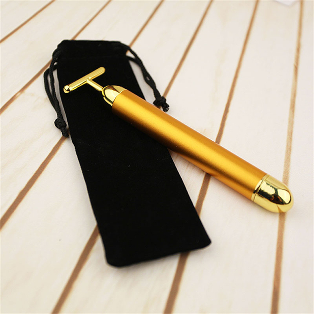 24K Gold Electric Facial Roller Beauty Bar Vibrating Face Massager T Shape Face Lift Anti-Wrinkles Skin Tightening Firming Tool