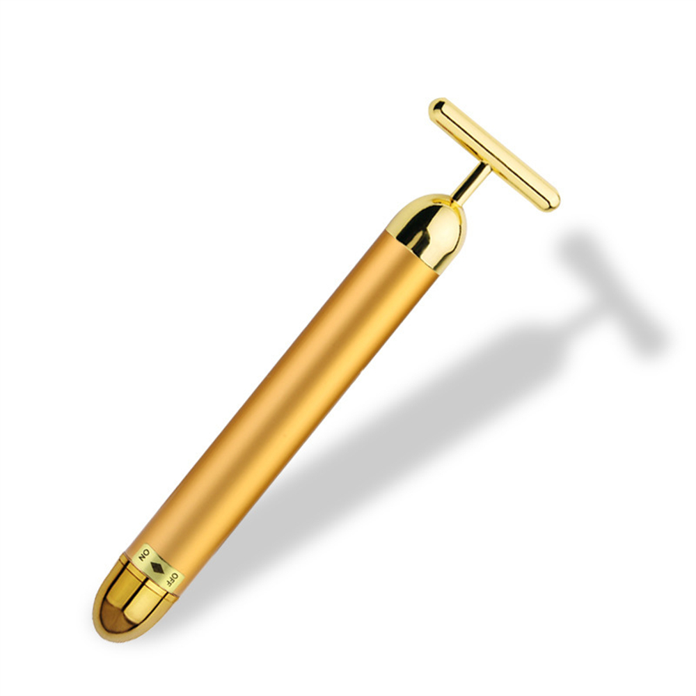 24K Gold Electric Facial Roller Beauty Bar Vibrating Face Massager T Shape Face Lift Anti-Wrinkles Skin Tightening Firming Tool