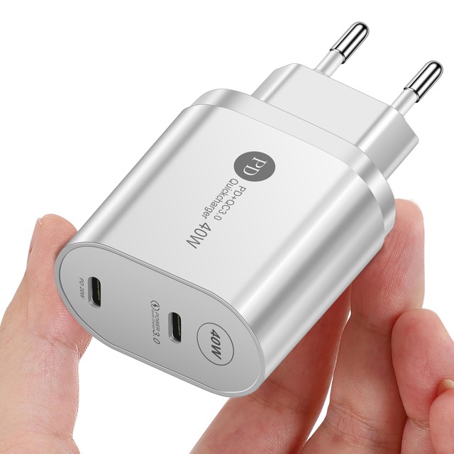 40W Double PD USB Charger QC 3.0 Fast Charge Type C Phone Adapter