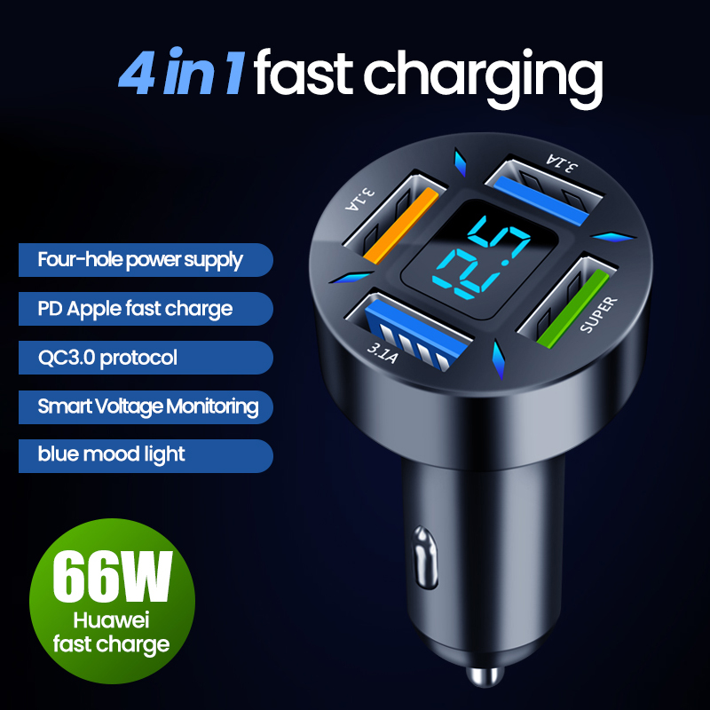 Car Charger Quick Charge Cigarette Lighter Adapter 4-Port USB A+USB C Fast Charging Phone Charger for iPhone Xiaomi Samsung