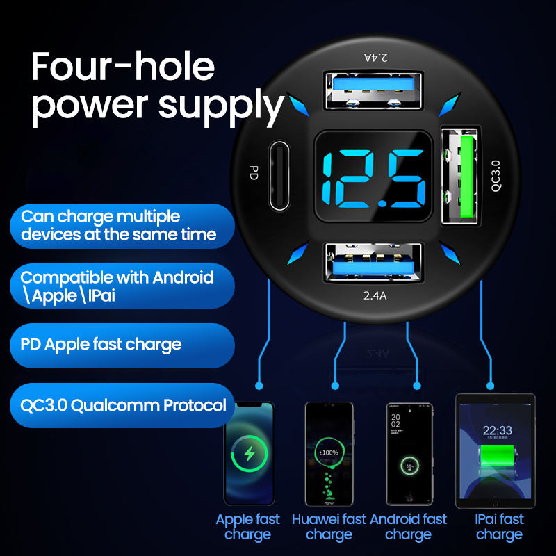 Car Charger Quick Charge Cigarette Lighter Adapter 4-Port USB A+USB C Fast Charging Phone Charger for iPhone Xiaomi Samsung