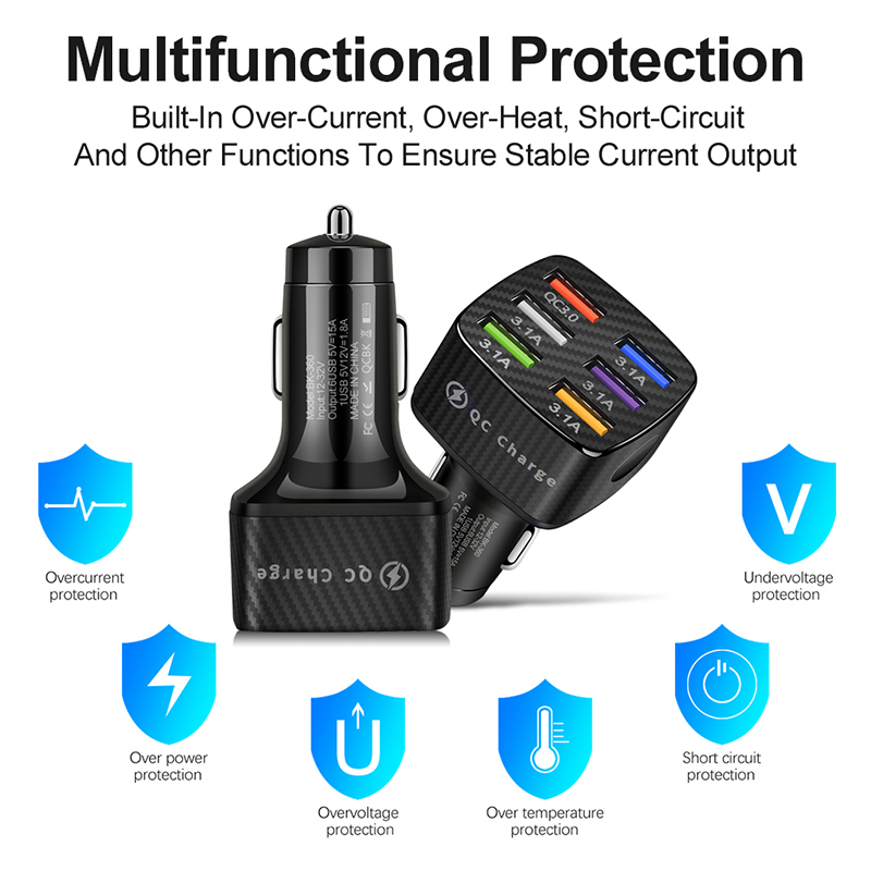 6 Ports USB Car Charger Quick Charge 3.0 QC 3.0 15A Fast Charging for IPhone 13 12 11 Xiaomi Huawei Phone Car USB Charger