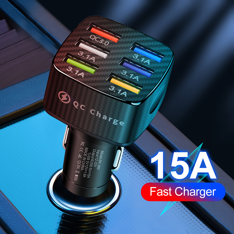 6 Ports USB Car Charger Quick Charge 3.0 QC 3.0 15A Fast Charging for IPhone 13 12 11 Xiaomi Huawei Phone Car USB Charger