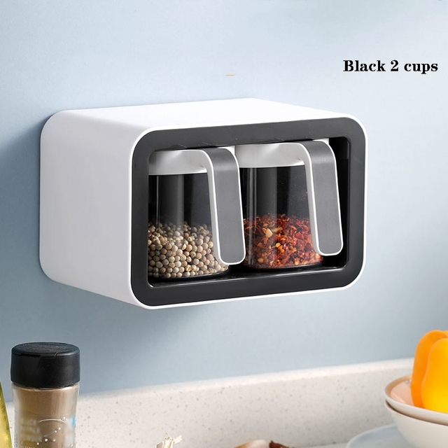 Wall Mount Spice Rack Organizer Sugar Bowl Salt Shaker Seasoning Container Spice Boxes With Spoons Kitchen Supplies Storage Set