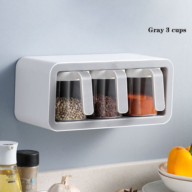Wall Mount Spice Rack Organizer Sugar Bowl Salt Shaker Seasoning Container Spice Boxes With Spoons Kitchen Supplies Storage Set