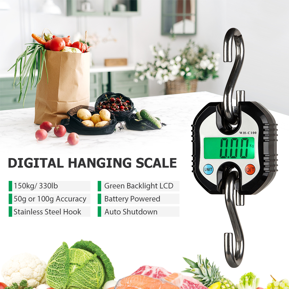 Digital Hanging Scale 150kg Crane Scale LCD Backlight Steel Hook Scales for Farm Fishing Hunting Food Market Outdoor Work