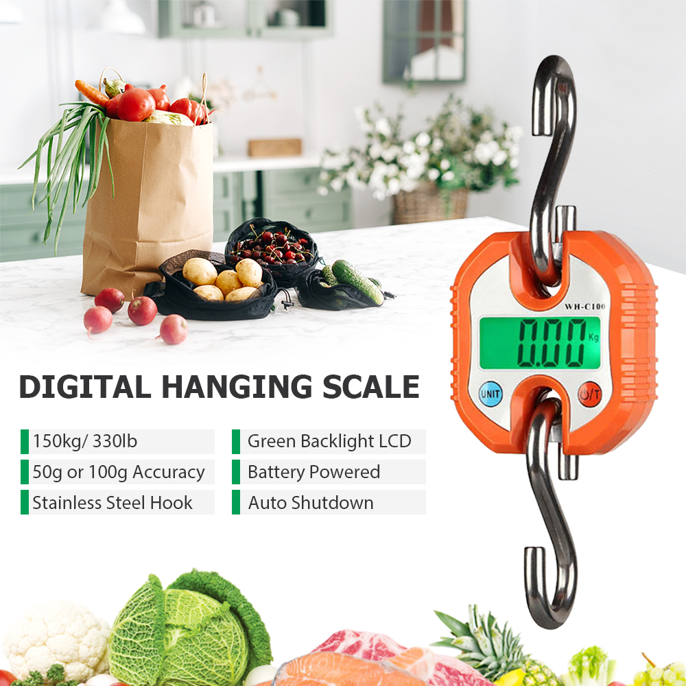 Digital Hanging Scale 150kg Crane Scale LCD Backlight Steel Hook Scales for Farm Fishing Hunting Food Market Outdoor Work