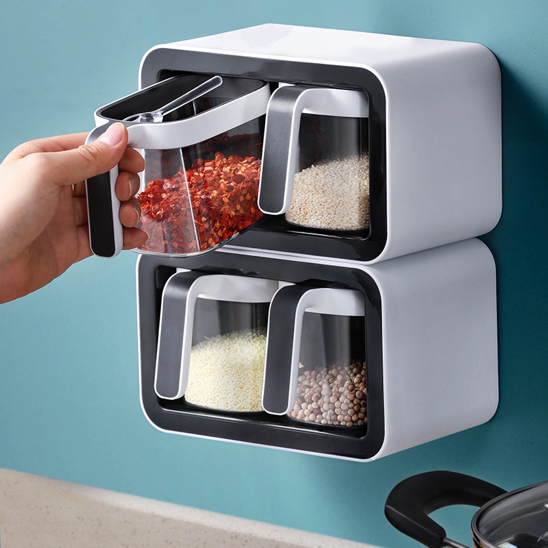 Kitchen Wall Mount Spice Rack Sugar Bowl Salt Shaker Spice Container Boxes With Spoons Organizer Kitchen Utensils Storage Sets
