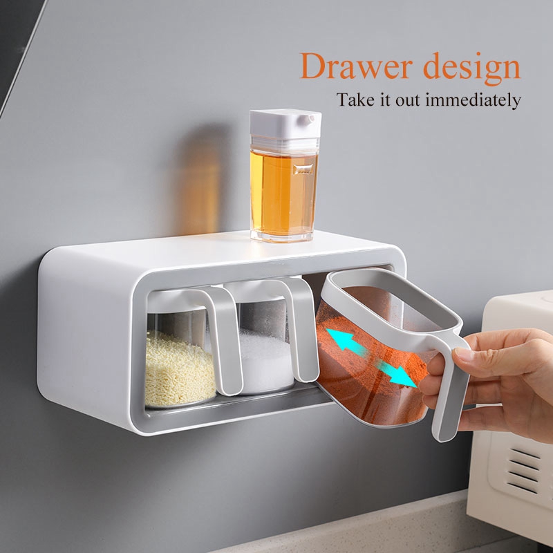 Kitchen Wall Mount Spice Rack Sugar Bowl Salt Shaker Spice Container Boxes With Spoons Organizer Kitchen Utensils Storage Sets
