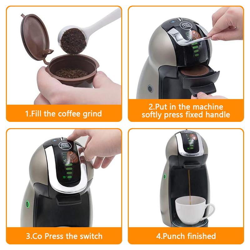 Reusable Coffee Filters Set Refillable Coffee Capsules Pods for Dolce Gusto Coffee Maker with Spoon and Cleaning Brush 6 PCS