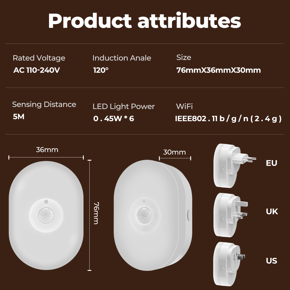 Tu ya WiFi Intelligent Humanbody Induction Small Night Lamp Multi-Gear Dimming Household Bedside Light Mobilepohone Control