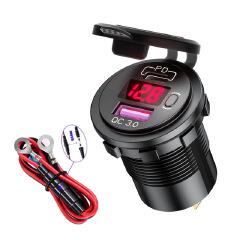 PD and QC3.0 Dual USB Car Charger with Switch Button LED Voltage Display Suitable for 12V/24V Cars Ships and Motorcycles