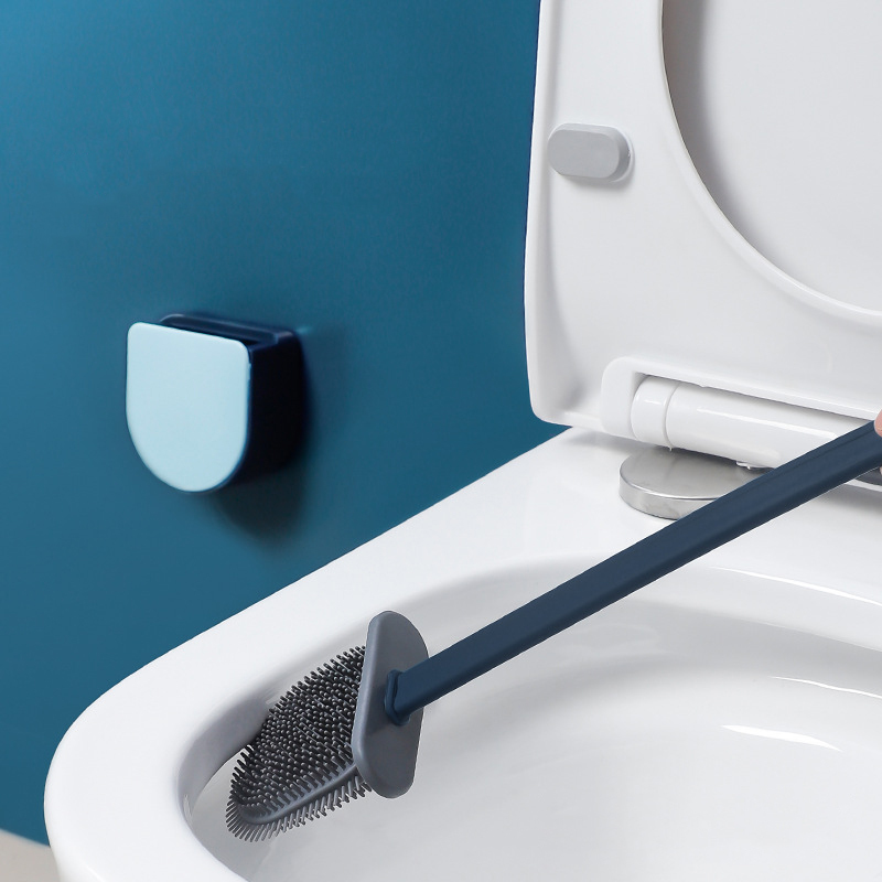 Silicone Toilet Brush Cleaner Brush Flat Head Flexible Soft Bristles Brush With Quick Drying Holder Wall Mounted For WC Cleaning