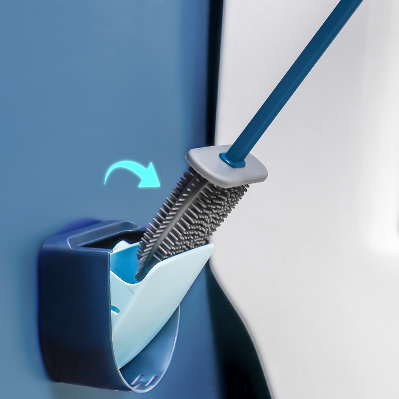 Silicone Toilet Brush Cleaner Brush Flat Head Flexible Soft Bristles Brush With Quick Drying Holder Wall Mounted For WC Cleaning
