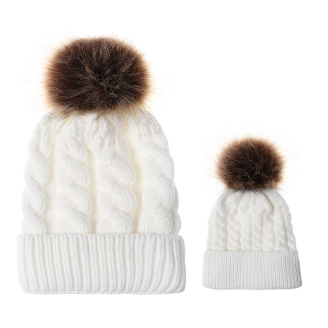 Womens Mother Baby Matching Knitting Pom Bobble Hat Kids Winter Warm Beanie Cap