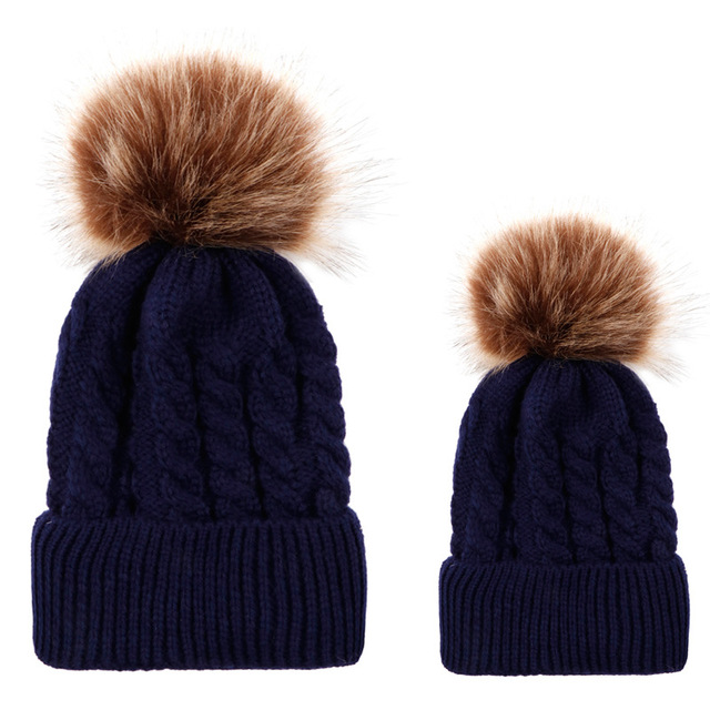 Womens Mother Baby Matching Knitting Pom Bobble Hat Kids Winter Warm Beanie Cap