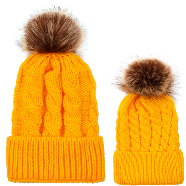 Womens Mother Baby Matching Knitting Pom Bobble Hat Kids Winter Warm Beanie Cap