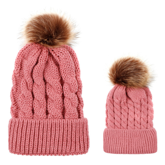 Womens Mother Baby Matching Knitting Pom Bobble Hat Kids Winter Warm Beanie Cap