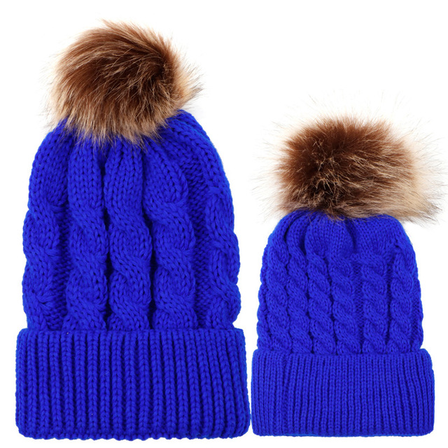 Womens Mother Baby Matching Knitting Pom Bobble Hat Kids Winter Warm Beanie Cap