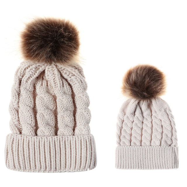 Womens Mother Baby Matching Knitting Pom Bobble Hat Kids Winter Warm Beanie Cap