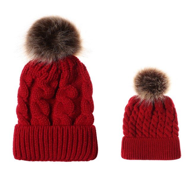 Womens Mother Baby Matching Knitting Pom Bobble Hat Kids Winter Warm Beanie Cap