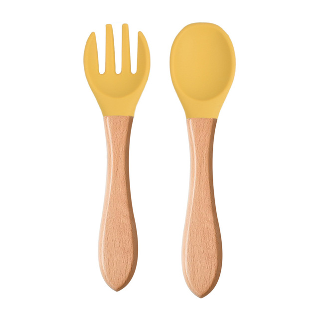 Children's wooden handle silicone spoon fork tableware Baby training food supplement spoon Baby feeding spoon fork
