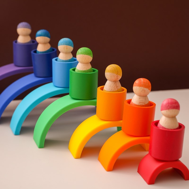 1Set Baby Wooden Rainbow Friends Peg Dolls Toy Montessori Arch Pretend Play People Figures for Kids Wooden Toys Gifts Game