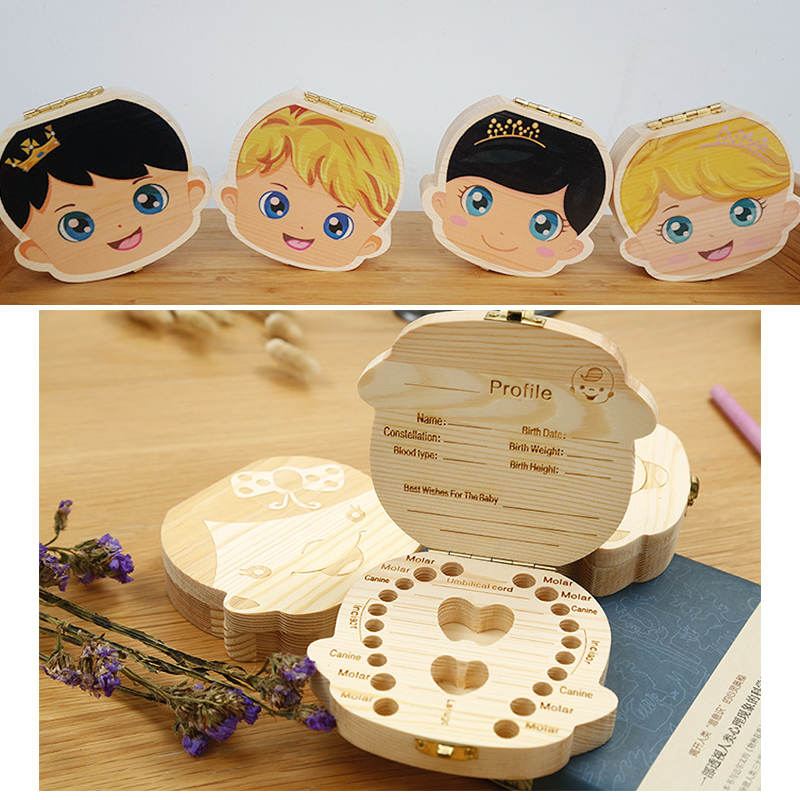 Spanish English Color Wooden Baby Tooth Box Boy Girl Organizer Milk Teeth Storage Collect Teeth Umbilica Save for Newborn Gifts
