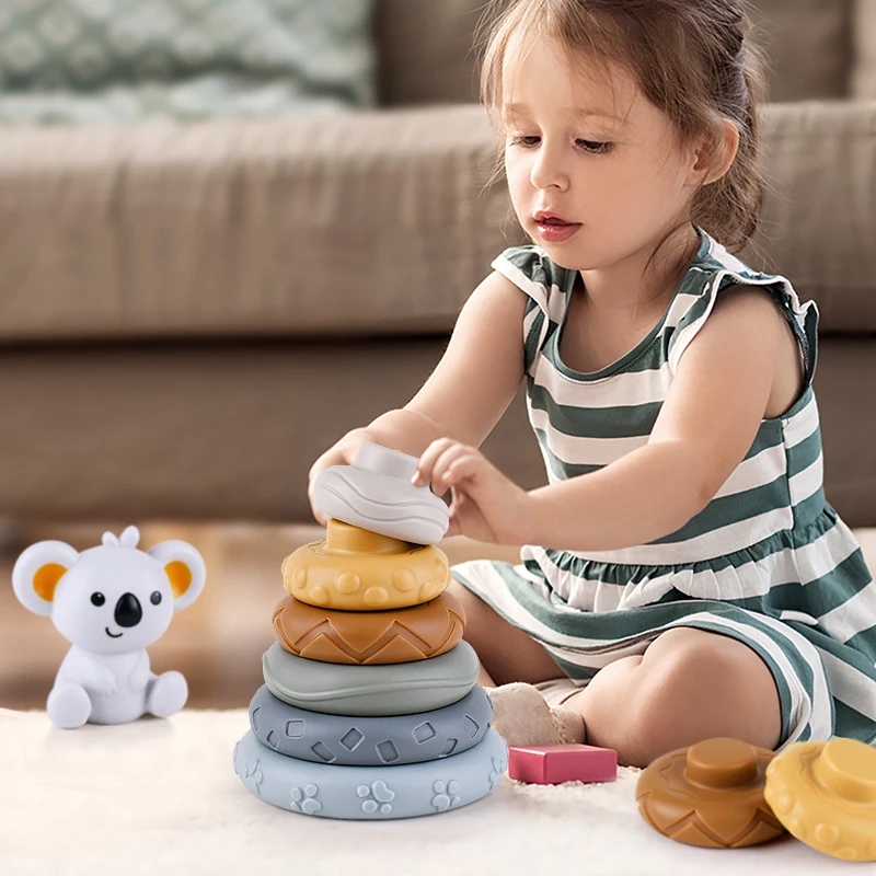 Soft Building Blocks Silicone Stacking Blocks Baby Toy Round Shape Silicone Construction Toy Rubber Teethers Montessori Toy