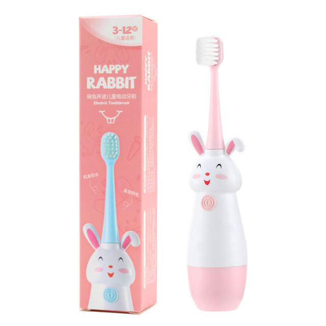 Children Electric Toothbrush Rotating Cute Bunny 3-12 Ages Cartoon Pattern Kids with Soft Replacement Heads Non-Slip Toothbrush