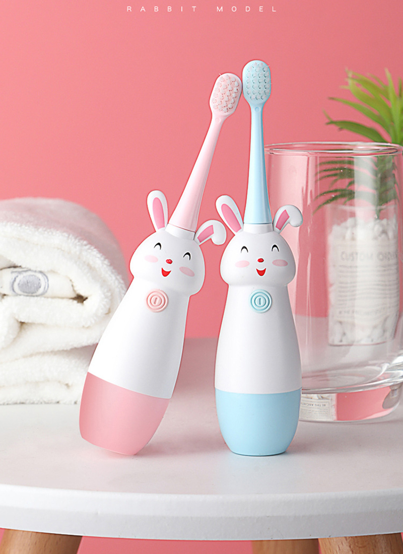 Children Electric Toothbrush Rotating Cute Bunny 3-12 Ages Cartoon Pattern Kids with Soft Replacement Heads Non-Slip Toothbrush