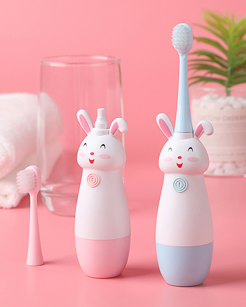 Children Electric Toothbrush Rotating Cute Bunny 3-12 Ages Cartoon Pattern Kids with Soft Replacement Heads Non-Slip Toothbrush