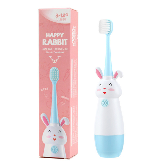 Children Electric Toothbrush Rotating Cute Bunny 3-12 Ages Cartoon Pattern Kids with Soft Replacement Heads Non-Slip Toothbrush