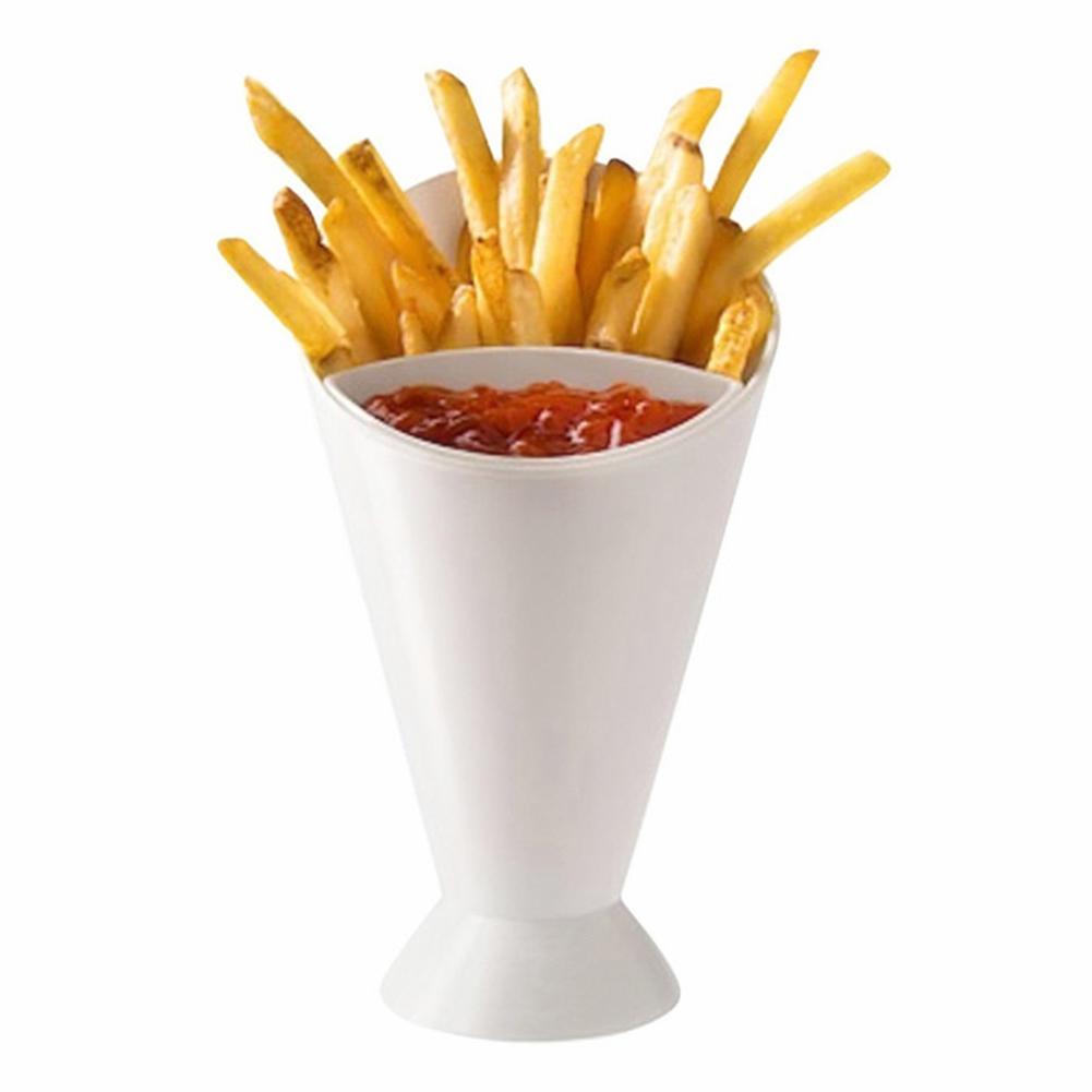 Self Stand 2 in 1  French Fries Shelf Holder Plastic Cup Assorted Sauce Chips Snack Cone Dip Cup Tableware Two Cup-mouth Kitchen