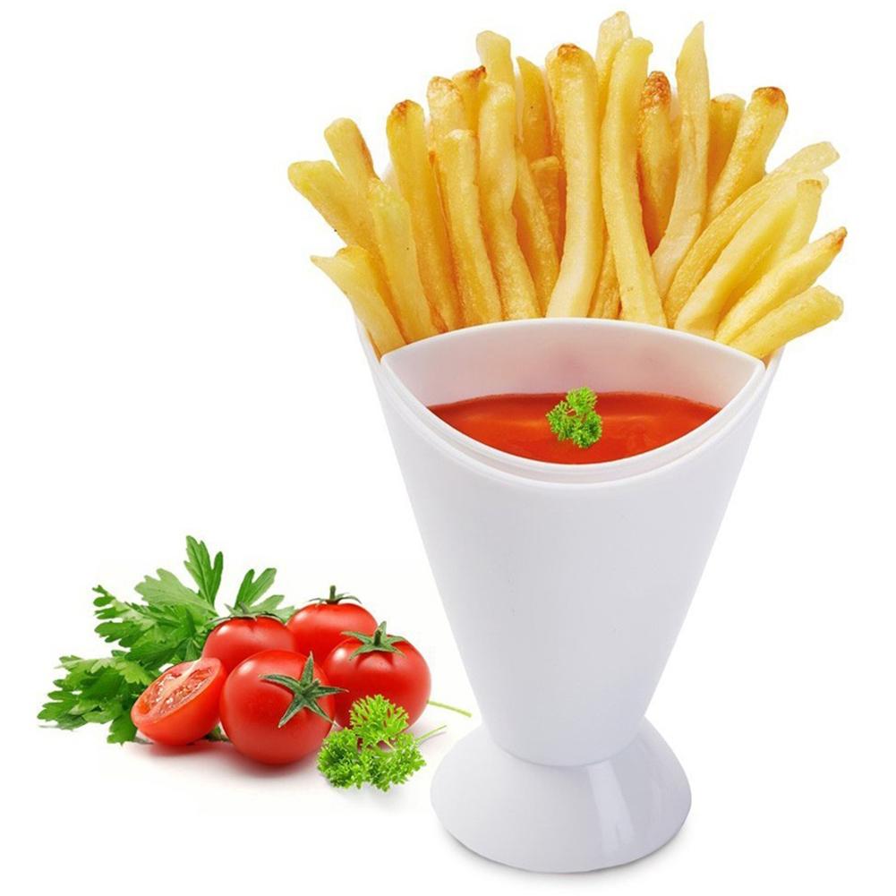 Self Stand 2 in 1  French Fries Shelf Holder Plastic Cup Assorted Sauce Chips Snack Cone Dip Cup Tableware Two Cup-mouth Kitchen