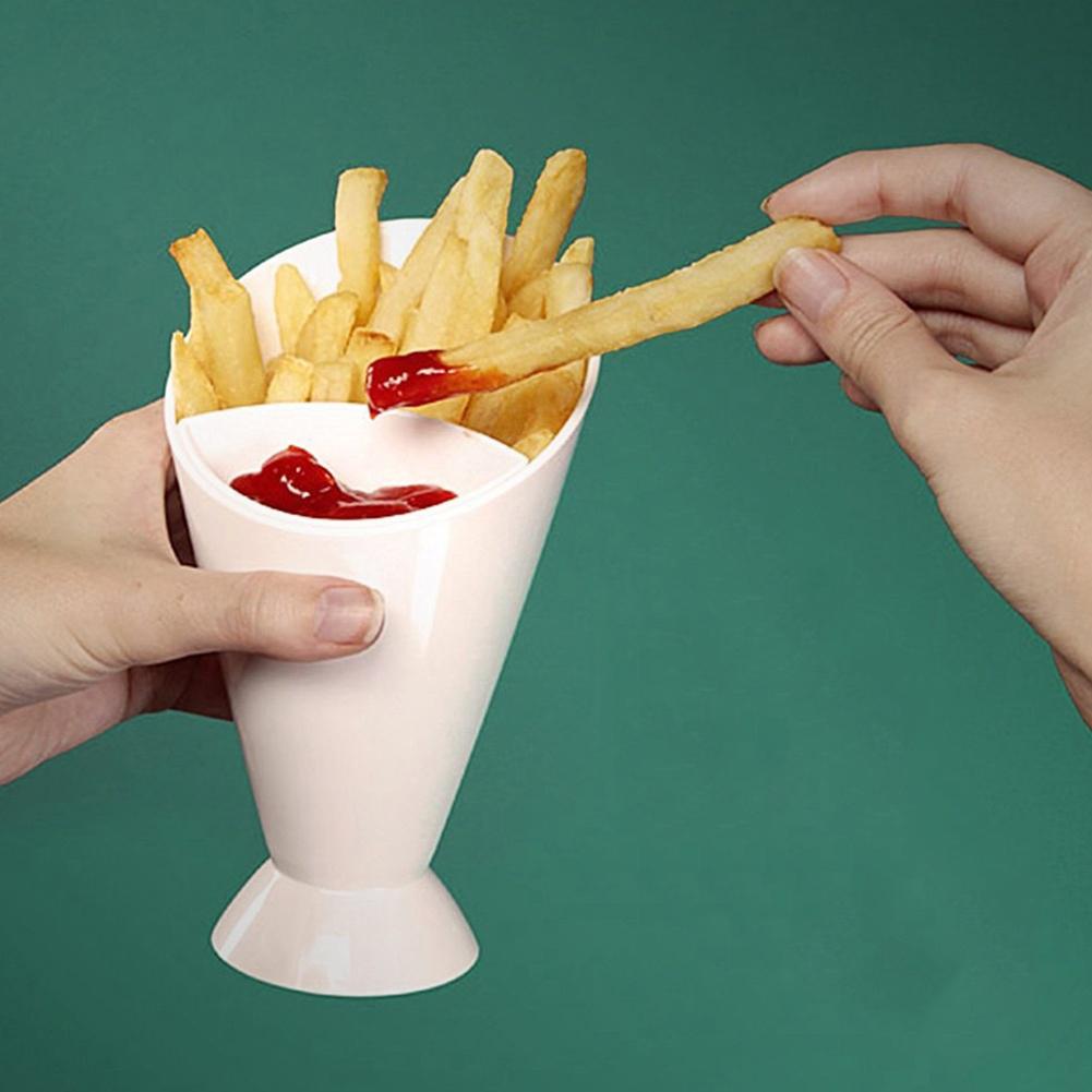 Self Stand 2 in 1  French Fries Shelf Holder Plastic Cup Assorted Sauce Chips Snack Cone Dip Cup Tableware Two Cup-mouth Kitchen