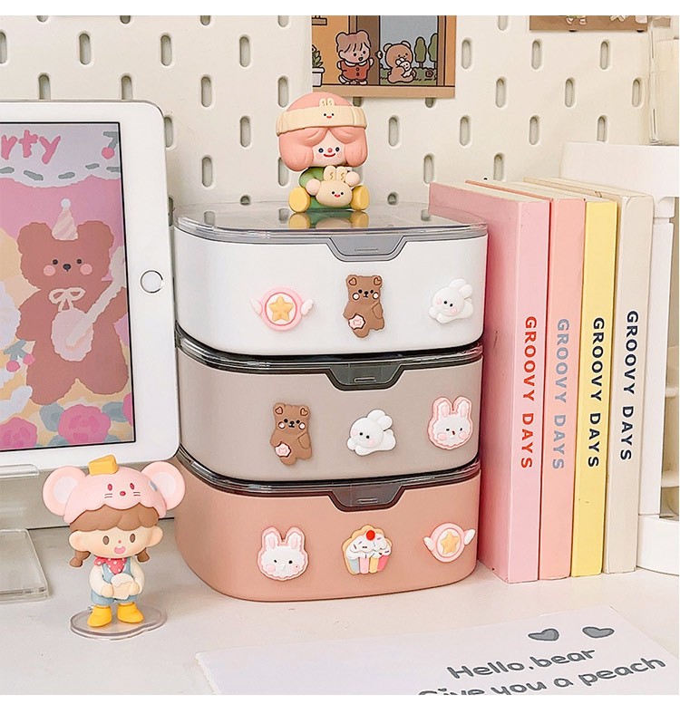 1PC Desk Organizers With 3D Sticker Lid Cute PlasticJewelry Stationery Charging Cable Hair Band Portable Desk Storage Box