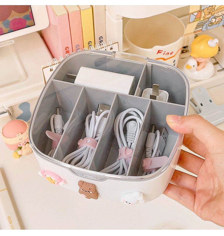 1PC Desk Organizers With 3D Sticker Lid Cute PlasticJewelry Stationery Charging Cable Hair Band Portable Desk Storage Box