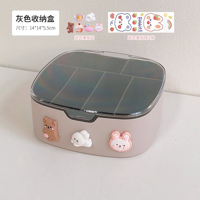 1PC Desk Organizers With 3D Sticker Lid Cute PlasticJewelry Stationery Charging Cable Hair Band Portable Desk Storage Box