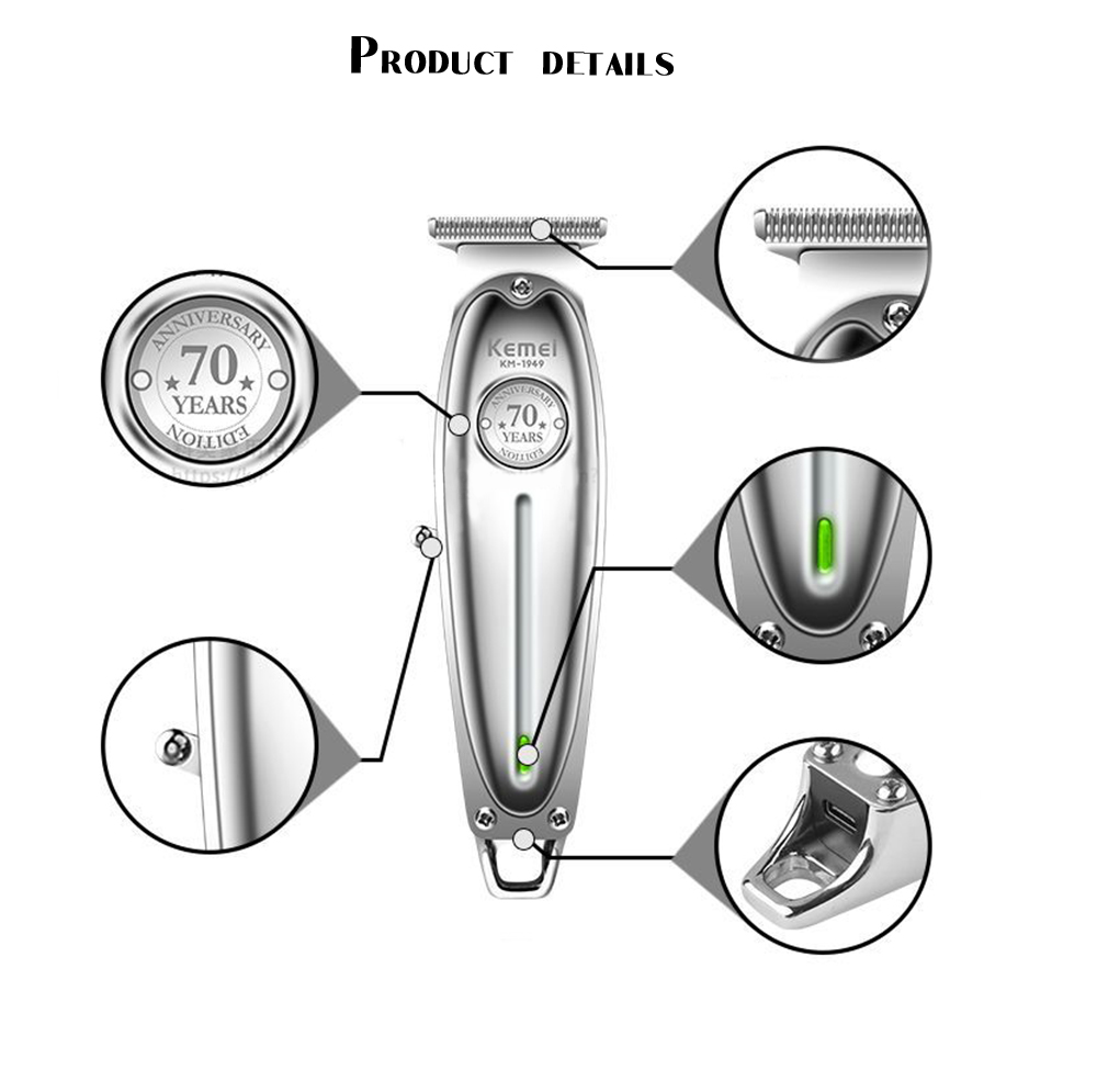 Kemei Professional Hair Clipper All Metal Men Electric Cordless Hair Trimmer 0mm Baldheaded T Blade Finish Haircut Machine 1949
