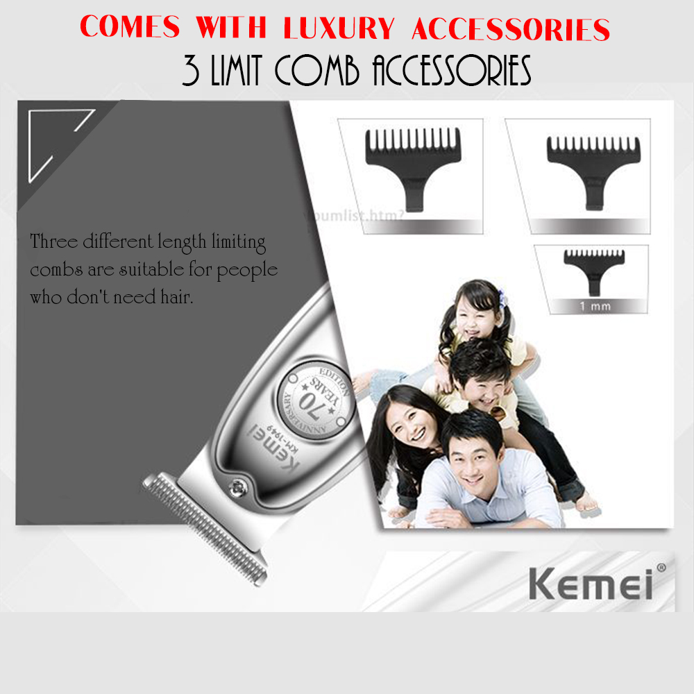 Kemei Professional Hair Clipper All Metal Men Electric Cordless Hair Trimmer 0mm Baldheaded T Blade Finish Haircut Machine 1949