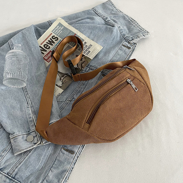 Vintage Corduroy Waist Bag for Women Zipper Chest Bag Female Banana Bag Money Pouch Shoulder Bags Purse Pocket Crossbody Bag