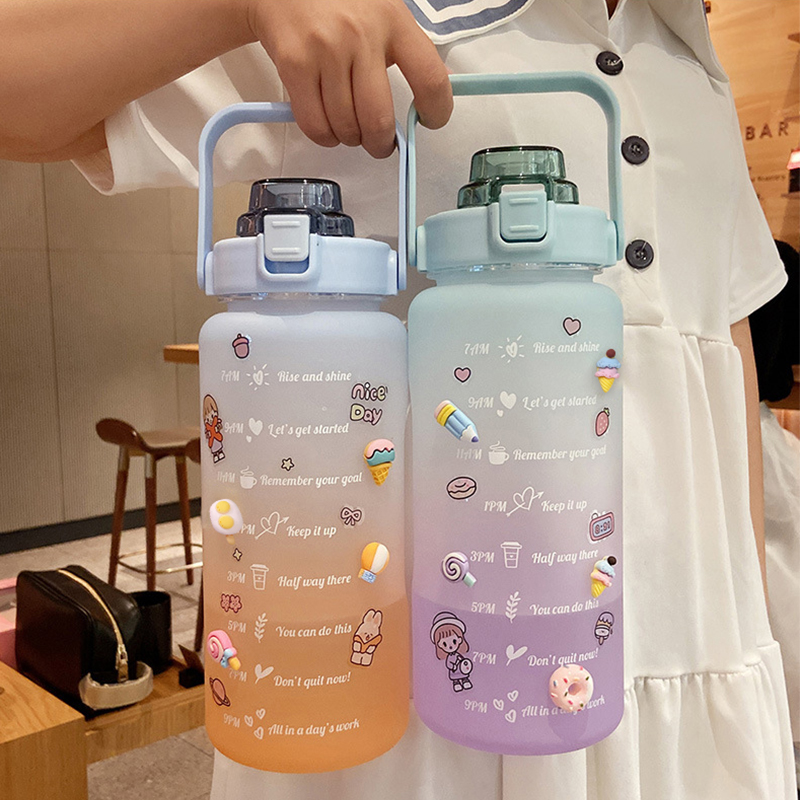 2L Large Capacity Water Bottle Straw Cup High Temperature Plastic Water Cup Time Scale Frosted Outdoor Sports Student Couple Cup