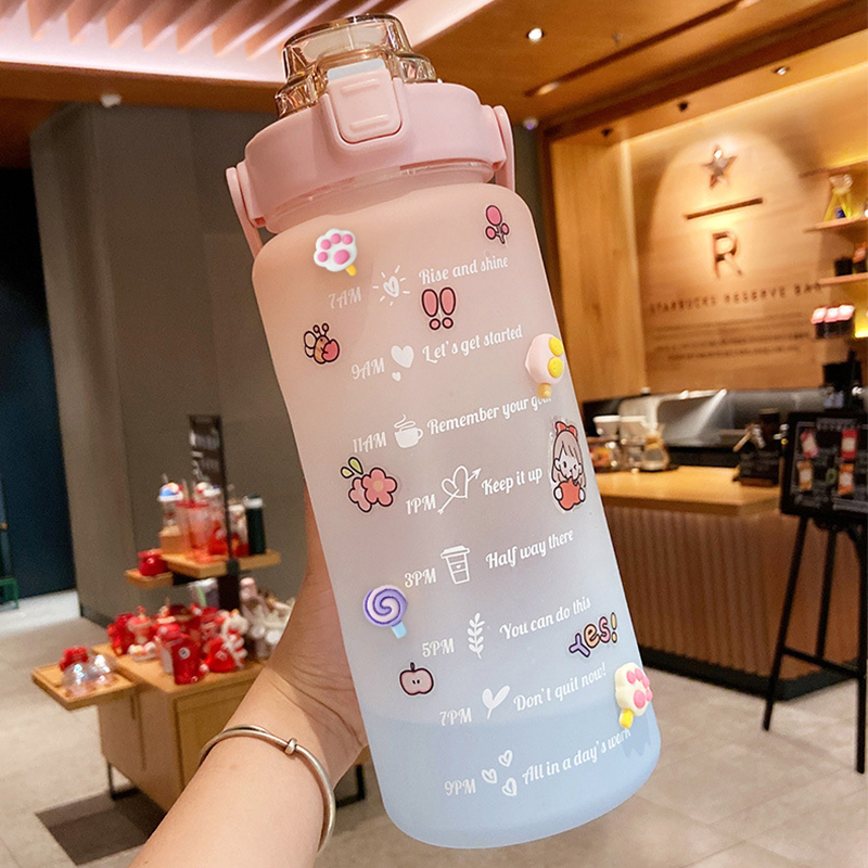 2L Large Capacity Water Bottle Straw Cup High Temperature Plastic Water Cup Time Scale Frosted Outdoor Sports Student Couple Cup